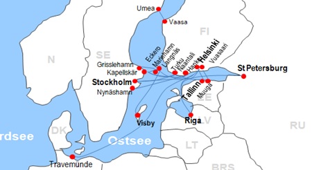Karte F�hrstrecken von und nach Aland