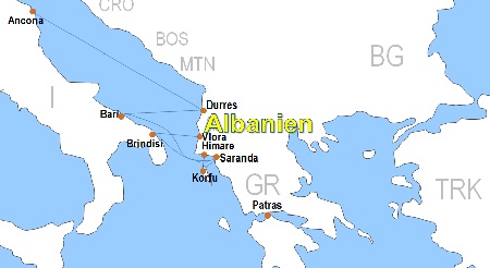 Karte F�hrstrecken von und nach Albanien