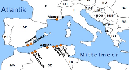 Karte F�hrverbindungen mit der Reederei Algerie Ferries