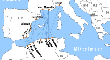 Karte F�hrstrecken von und nach Algerien