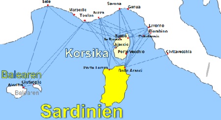 Karte F�hrverbindungen mit der Reederei Corsica Sardinia Ferries