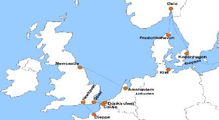Karte F�hrverbindungen mit der Reederei DFDS