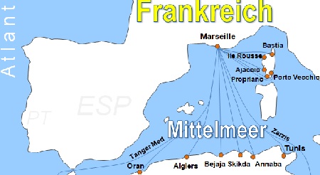 Karte F�hrverbindungen mit der Reederei La Meridionale