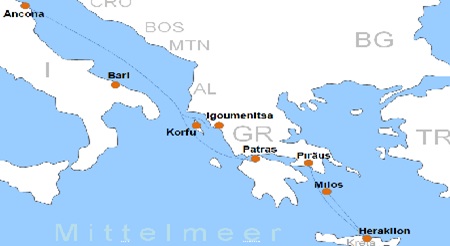 Karte F�hrverbindungen mit der Reederei Minoa Lines