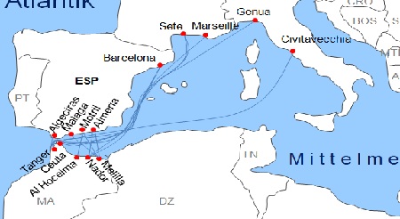 Karte F�hrverbindungen mit der Reederei Naviera Armas