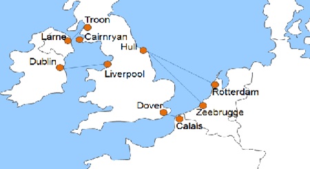 Karte F�hrverbindungen mit der Reederei P&O Ferries