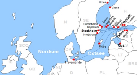 Karte F�hren nach Skandinavien