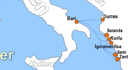 Karte F�hrverbindungen mit der Reederei Ventouris Ferries