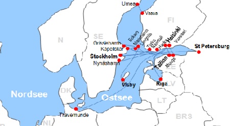 Karte F�hrverbindungen mit der Reederei Viking Line