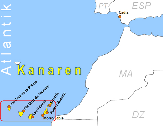 Karte Fhren von Cadiz nach Las Palmas de Gran Canaria