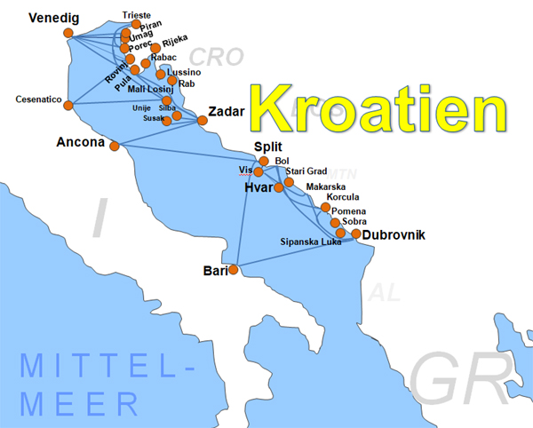 Karte F�hren von und nach Kroatien F�hrstrecken F�hrlinien F�hr�berfahrten