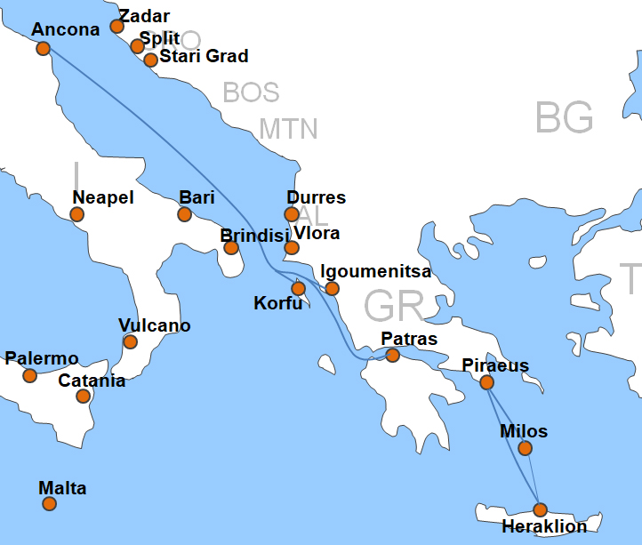 Karte F�hren Minoan Lines Reederei F�hrgesellschaft F�hrlinien F�hrstrecken