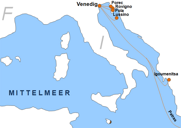 Karte Fhren von Venedig nach Pula