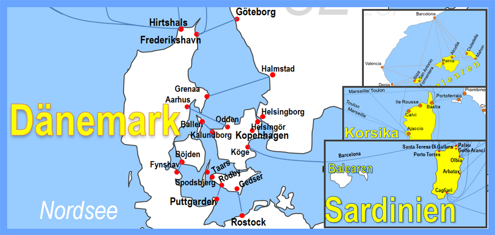 Karte Fähren in der Nordsee, Ostsee und im Mittelmeer online buchen