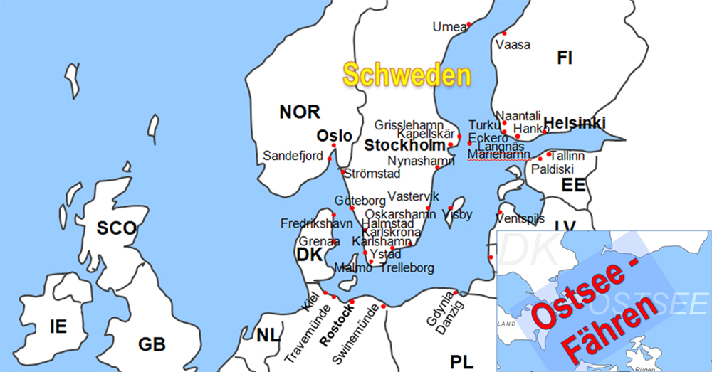 Karte Fähren in der Nordsee, Ostsee und im Mittelmeer online buchen