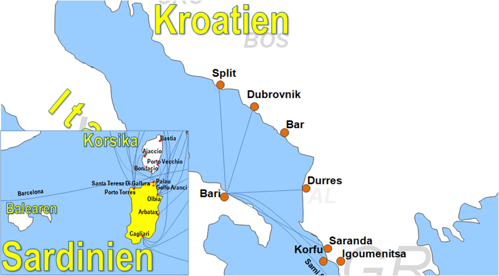 Karte Fähren in der Nordsee, Ostsee und im Mittelmeer online buchen