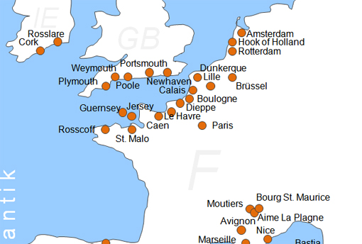 Karte Fhren von Caen nach Portsmouth