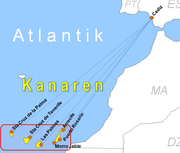 Karte Fhren von und nach Cadiz
