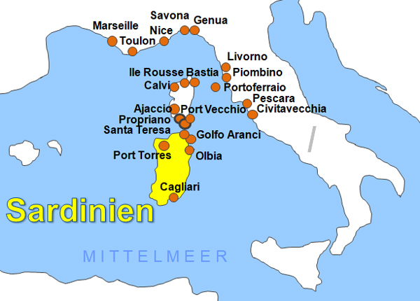 Karte Fhren von Cagliari nach Civitavecchia