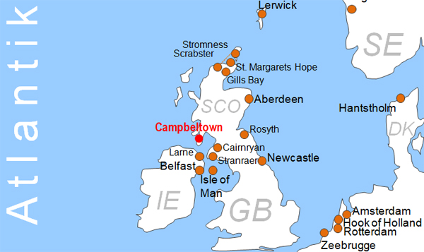 Karte Fhren von und nach Campbeltown