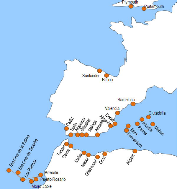 Karte Fhren von Barcelona nach Tanger Med
