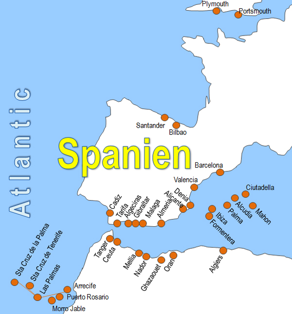 Karte Fhren von und nach Spanien Fhrstrecken Fhrlinien Fhrberfahrten