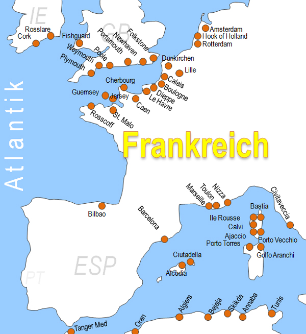 Karte Fhren von und nach Frankreich Fhrstrecken Fhrlinien Fhrberfahrten