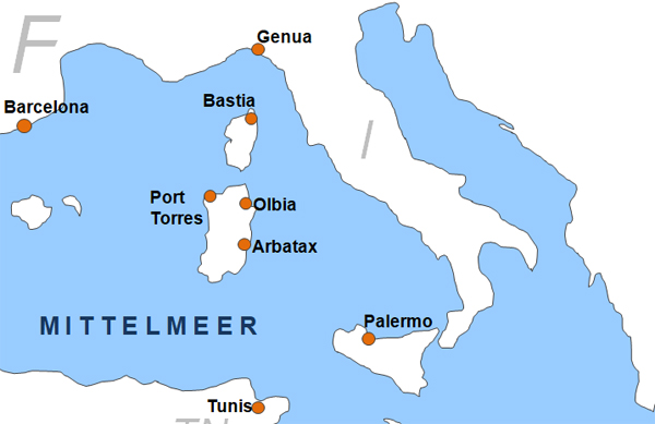 Karte Fhren von Barcelona nach Genua