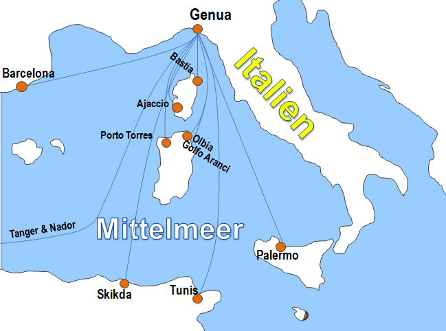 Karte Fähren von und nach Genua