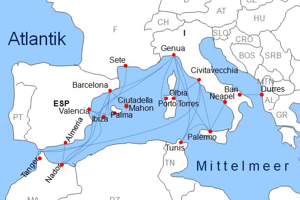 Karte Fhrstrecken Fhrlinien Grandi Navi Veloci