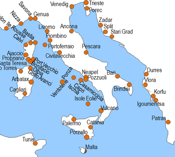 Karte Fhren von Trieste nach Patras