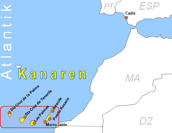 Karte Fhren von Cadiz nach Sta Cruz de Tenerife