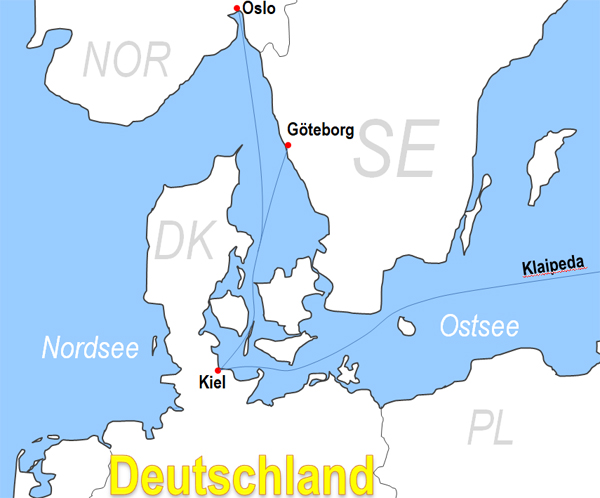Karte F�hrstrecke von und nach Kiel
