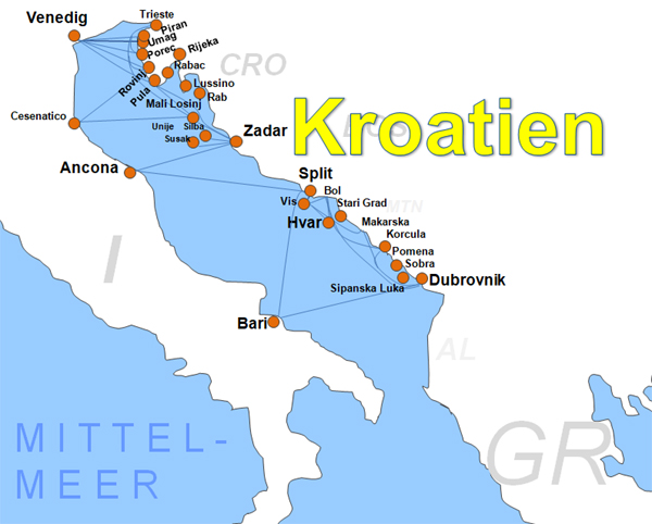 Karte Fhren von und nach Kroatien Fhrstrecken Fhrlinien Fhrberfahrten