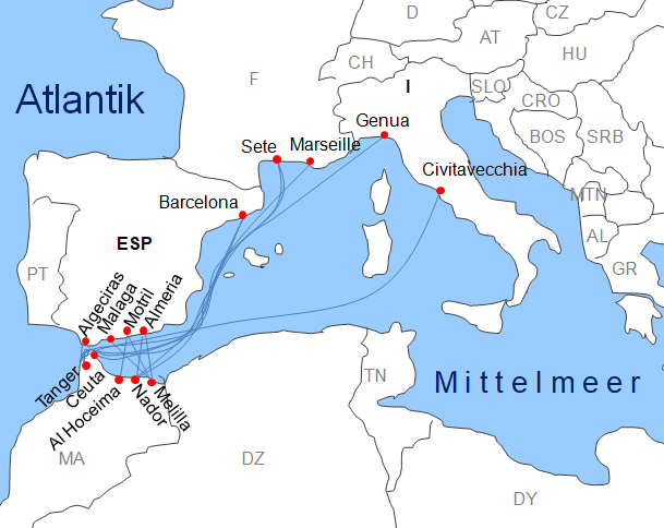 Karte Fhren von und nach Marokko Fhrstrecken Fhrlinien Fhrberfahrten