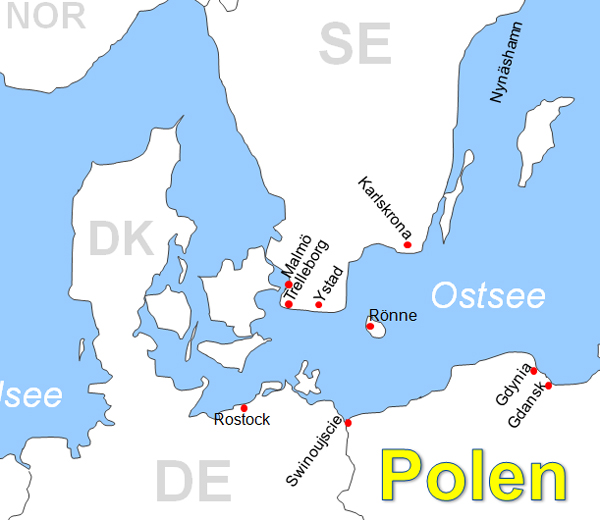 Karte Fhren von Swinemnde nach Ystad