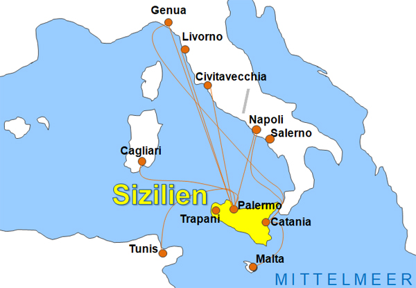 Karte Fhren von Salerno nach Tunis