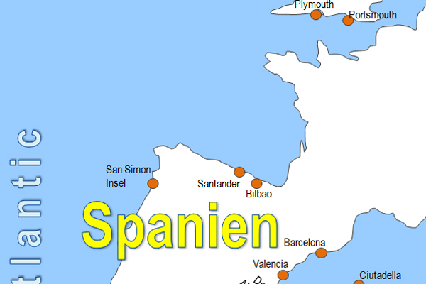 Karte Fhren von Santander nach Plymouth