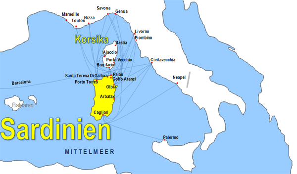 Karte Fhren von und nach Sardinien Fhrstrecken Fhrlinien Fhrberfahrten