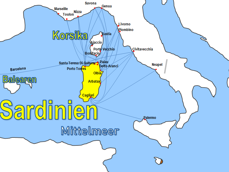 Karte Fhren von und nach Sardinien Fhrstrecken Fhrlinien Fhrberfahrten