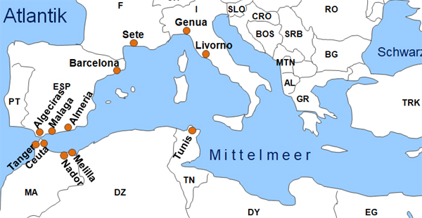 Karte Fhren von Sete nach Tanger Med