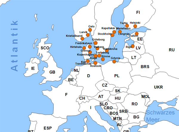 Karte Fähren von und nach Skandinavien