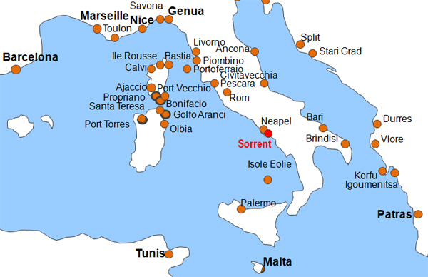 Karte Fhren von und nach Sorrent
