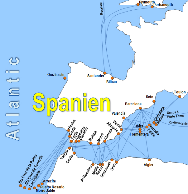 Karte Fhren von und nach Spanien Fhrstrecken Fhrlinien Fhrberfahrten