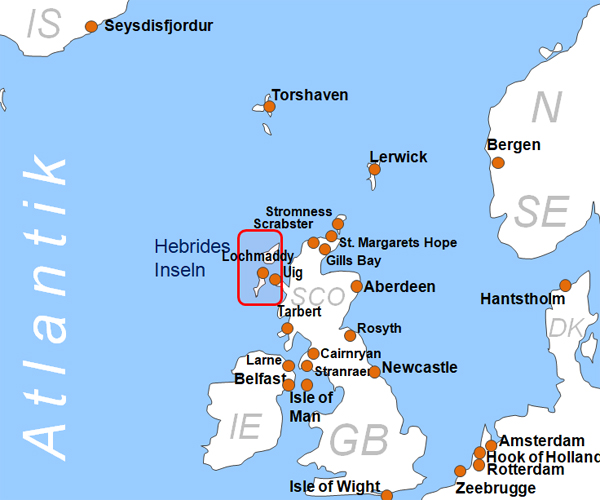 Karte Fhren von Tarbert nach Uig