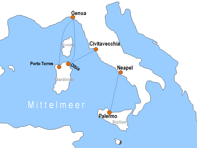 Karte Fhren mit der Reederei Tirrenia