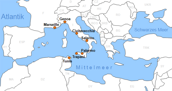 Karte Fhren von Civitavecchia nach Tunis