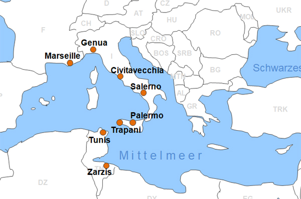 Karte Fhren von und nach Tunesien